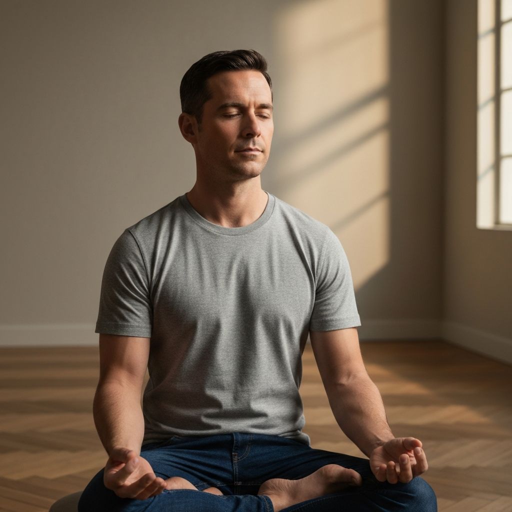 Мушкарац у контемплативној медитацијској позиции у минималистичкој соби