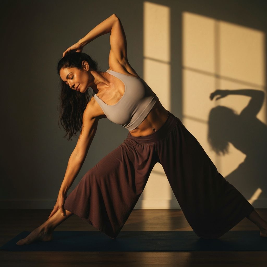 Жена која ради йогу или растезање унутар, теплим светлом, мирна израза