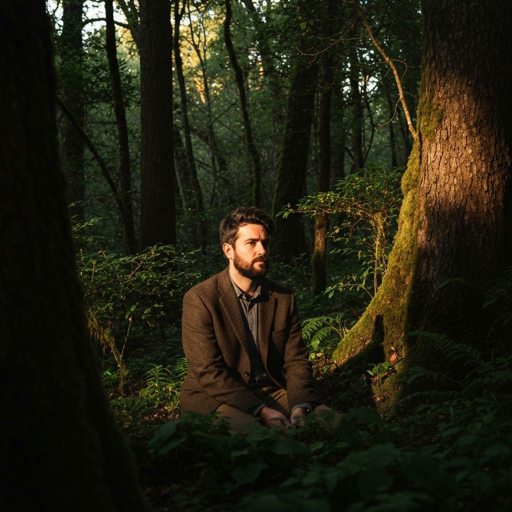 Мушкарац у шуми или природи, контемплативна поза, теплим светлом, миран атмосфера